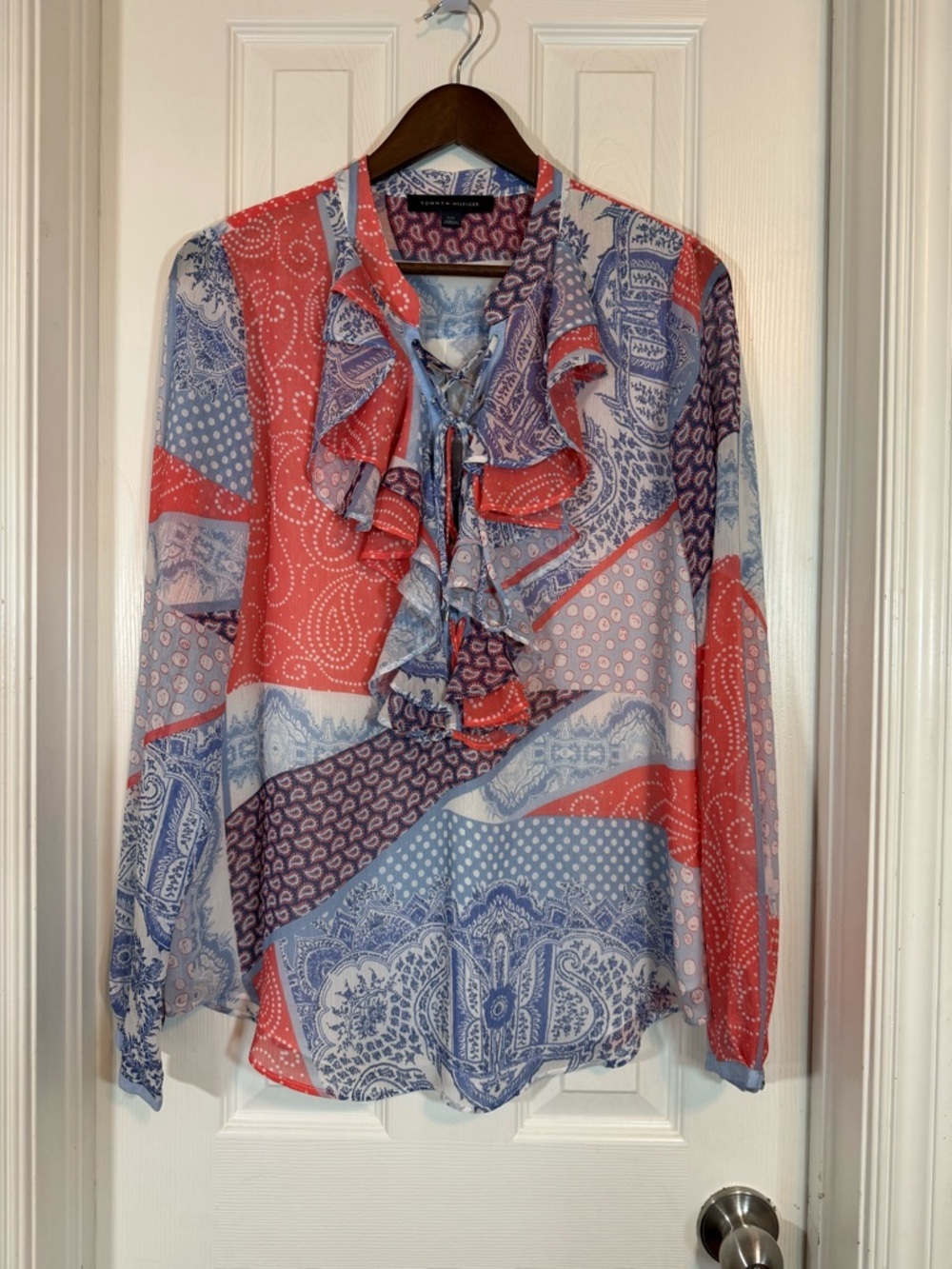 Tommy Hilfiger Ruffle Lace Up Mixed Print Paisley Blouse Size L - Picture 3 of 15